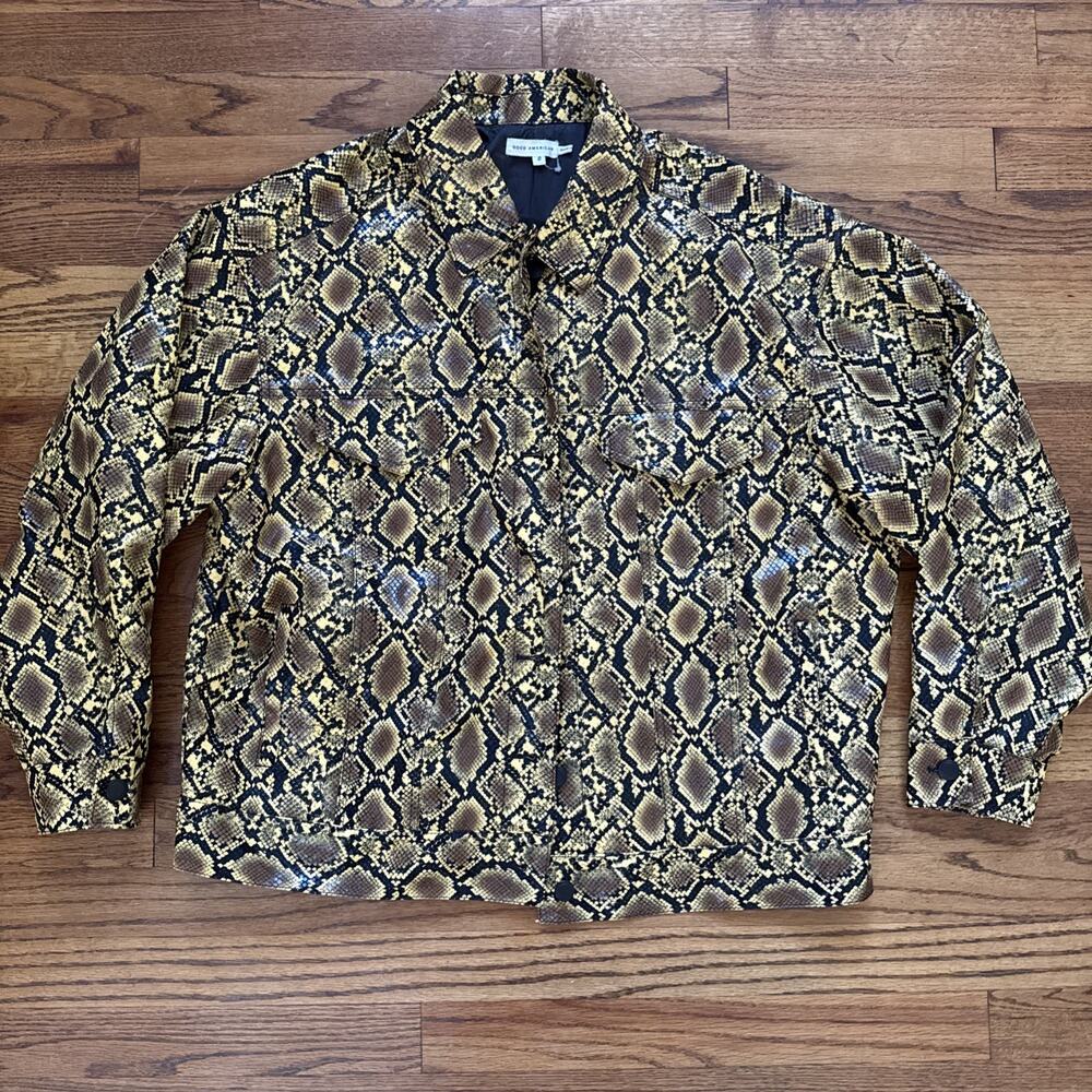 Good American Trucker Jacket Size 2 Medium Golden Snake Faux Leather C5